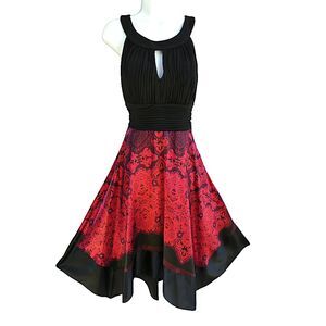 Vintage Sangria Halter Cocktail Dress Black Shirred Bodice Satin Red Paisley Ski